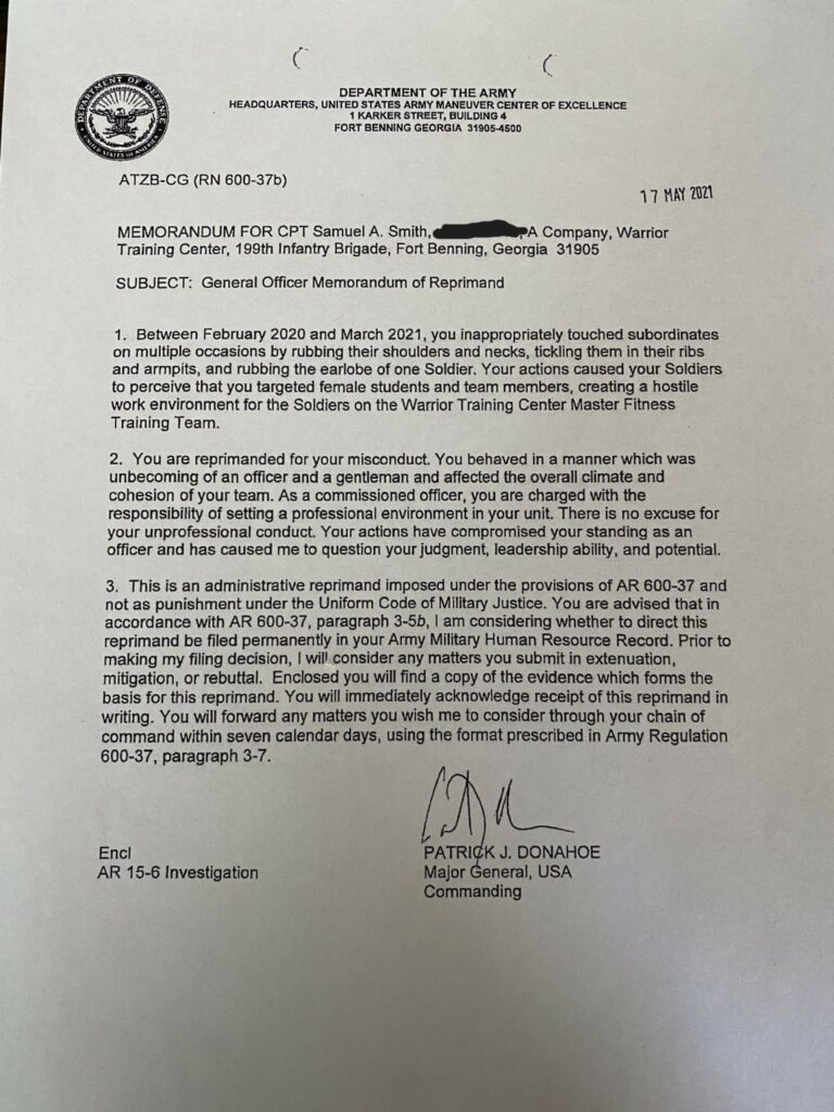 Picture of General Officer Memorandum of Reprimand (administrative reprimand) given to CPT Smith for Sexual Assault and Harassment by the former commanding general of Fort Benning.