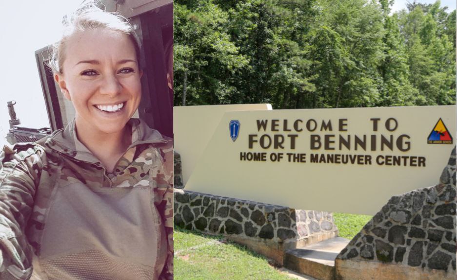Picture of SGT Victoria McGuinn in uniform next to the sign for Fort Benning