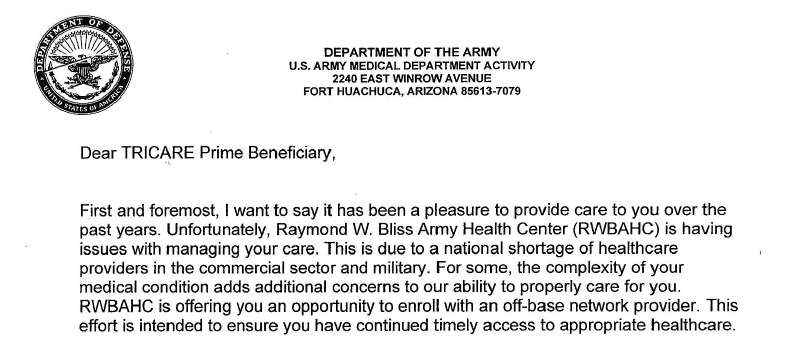 Fort Huachuca sent a letter to retirees informing them they would no longer receive medical care on post